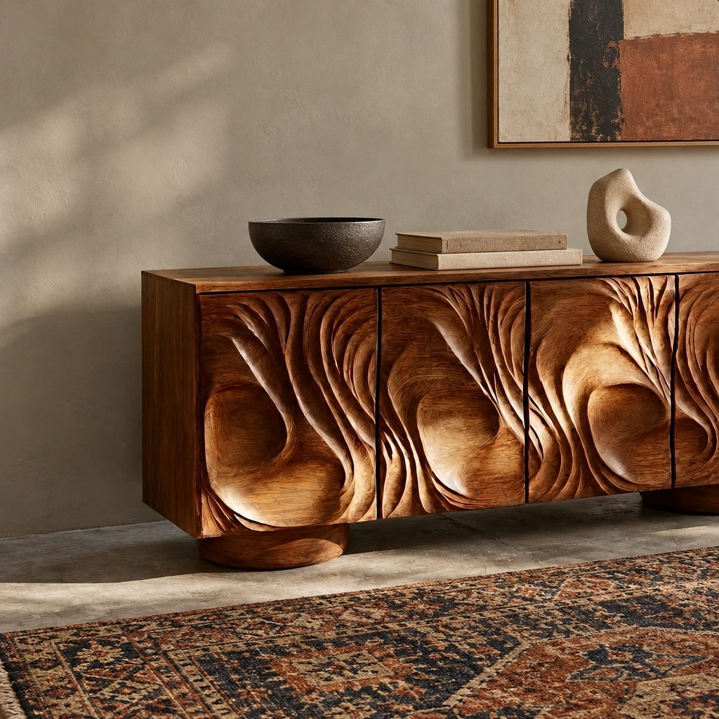 Handcrafted Sideboard With Flowing Grain Carved Doors For Entryway