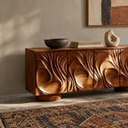 Handcrafted Sideboard With Flowing Grain Carved Doors For Entryway