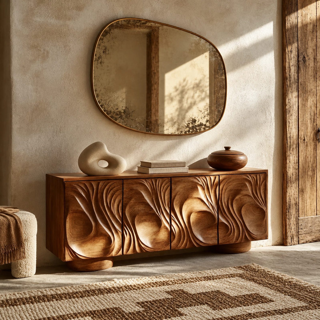 Handcrafted Sideboard With Flowing Grain Carved Doors For Entryway