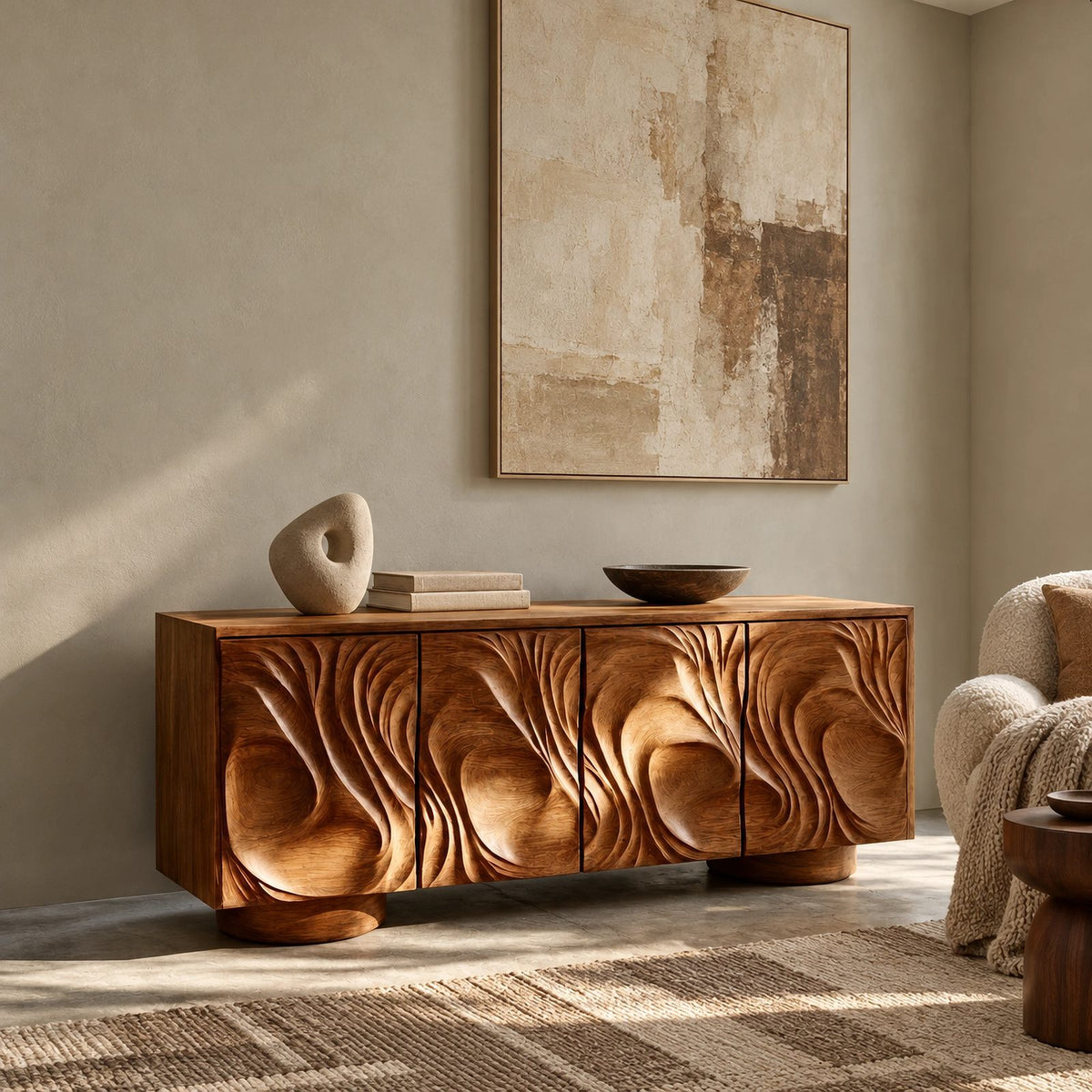 Handcrafted Sideboard With Flowing Grain Carved Doors For Entryway