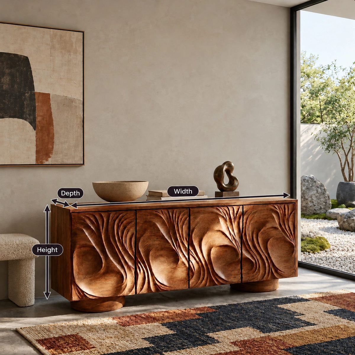 Handcrafted Sideboard With Flowing Grain Carved Doors For Entryway