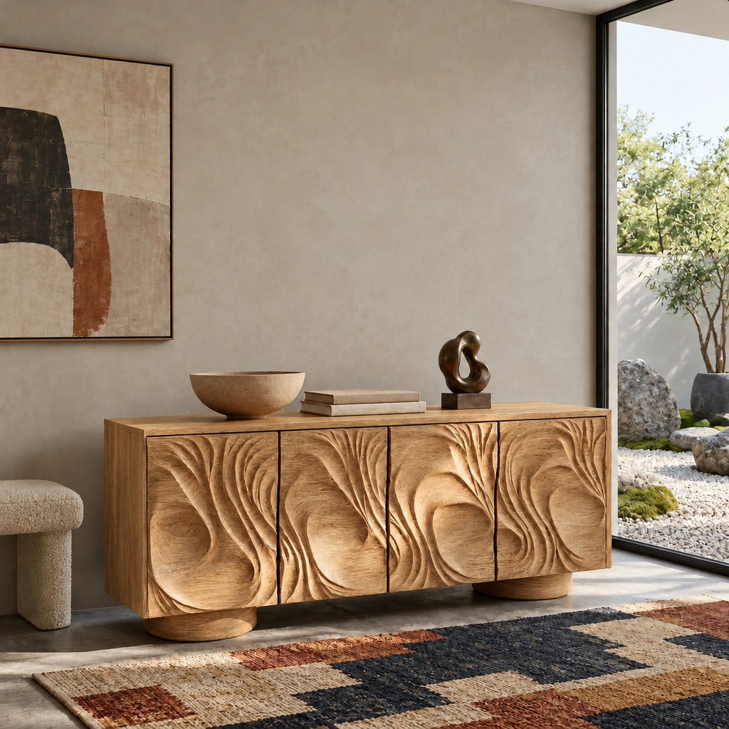 Handcrafted Sideboard With Flowing Grain Carved Doors For Entryway