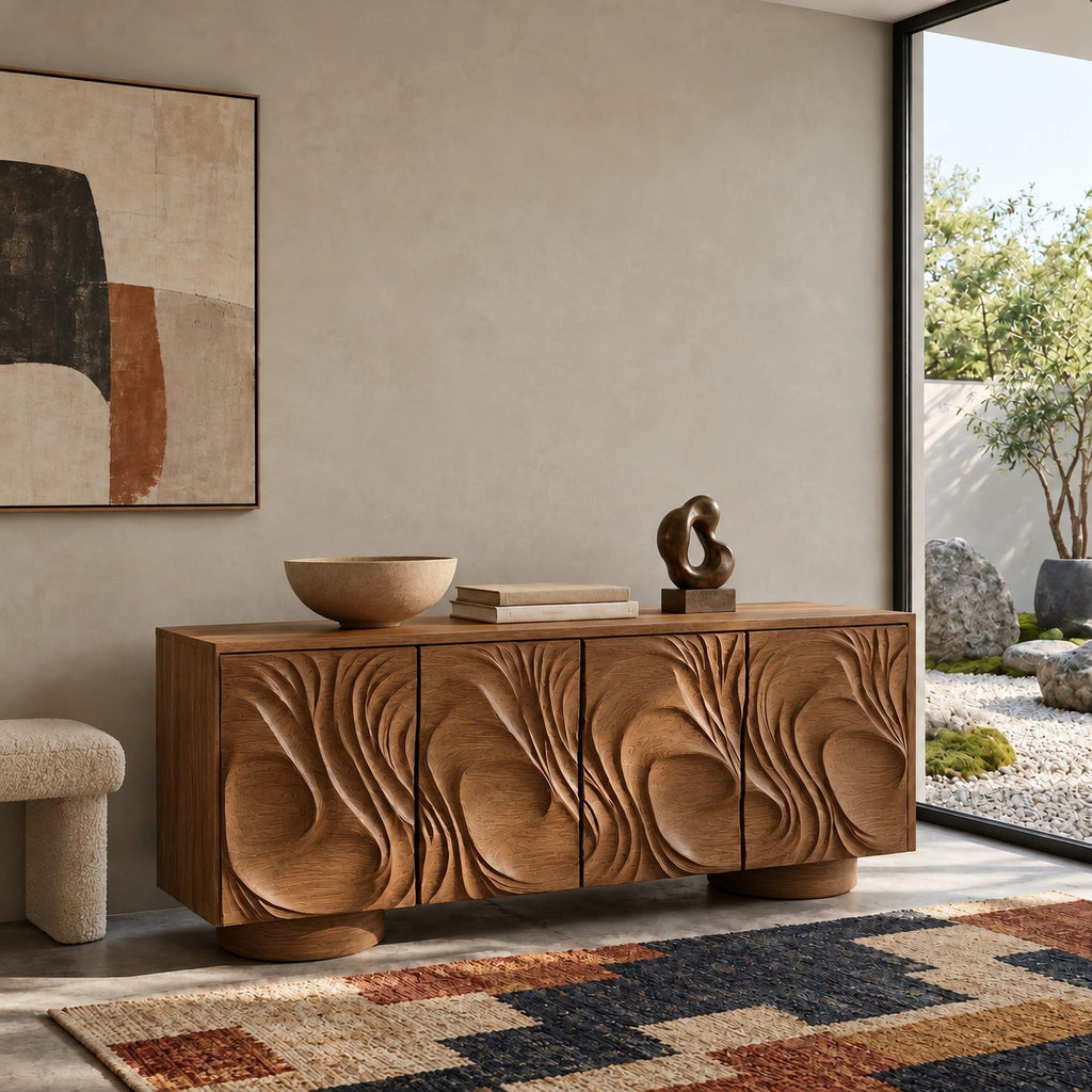 Handcrafted Sideboard With Flowing Grain Carved Doors For Entryway
