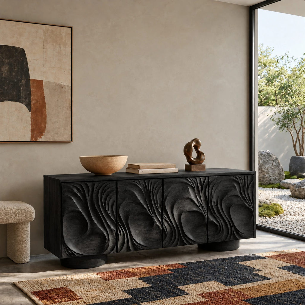 Handcrafted Sideboard With Flowing Grain Carved Doors For Entryway