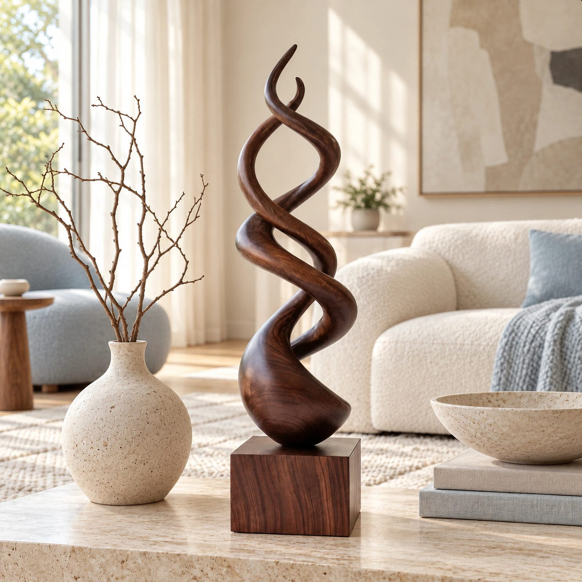 Modern Wood Sculpture With Double Helix Twist For Living Room