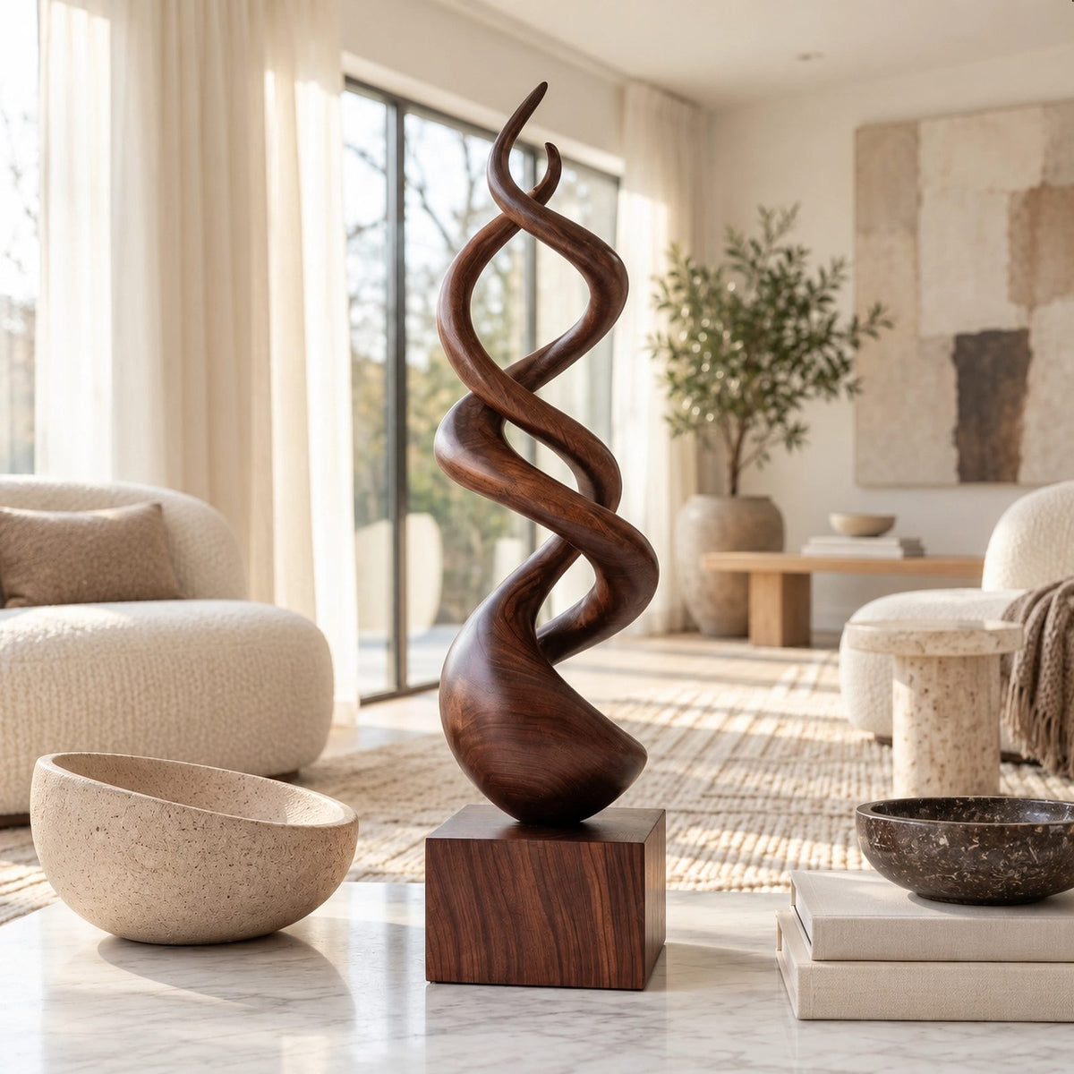 Modern Wood Sculpture With Double Helix Twist For Living Room