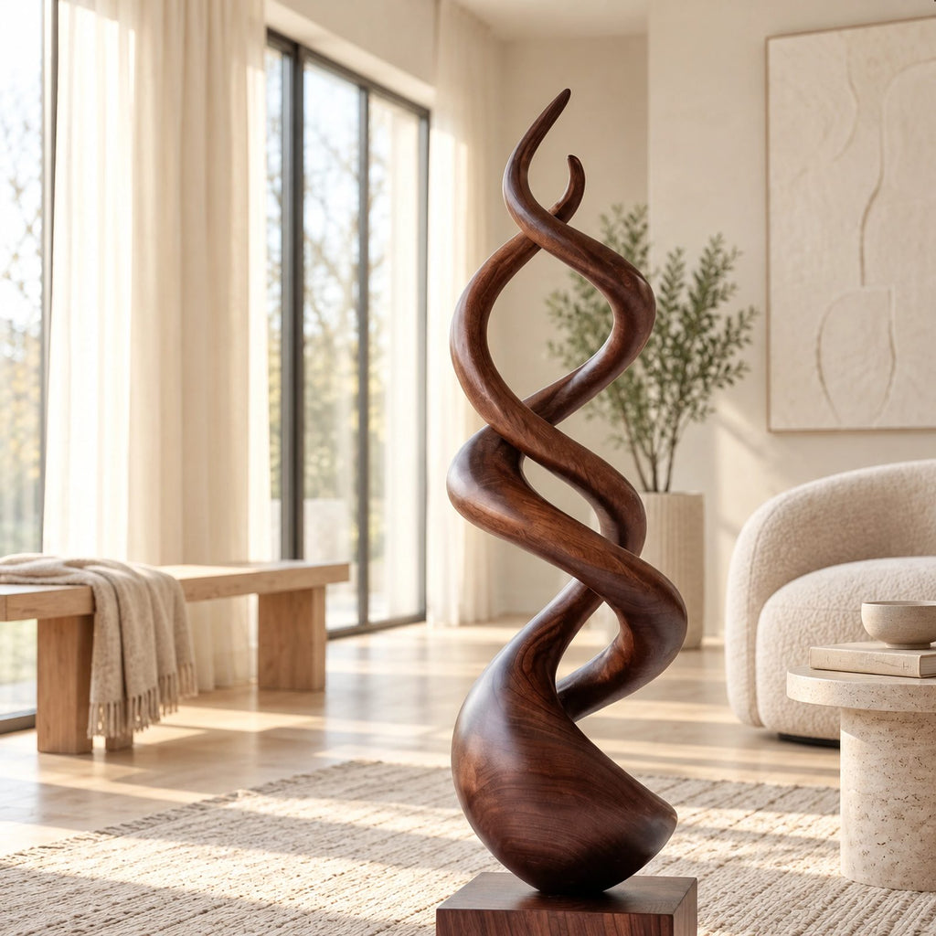 Modern Wood Sculpture With Double Helix Twist For Living Room