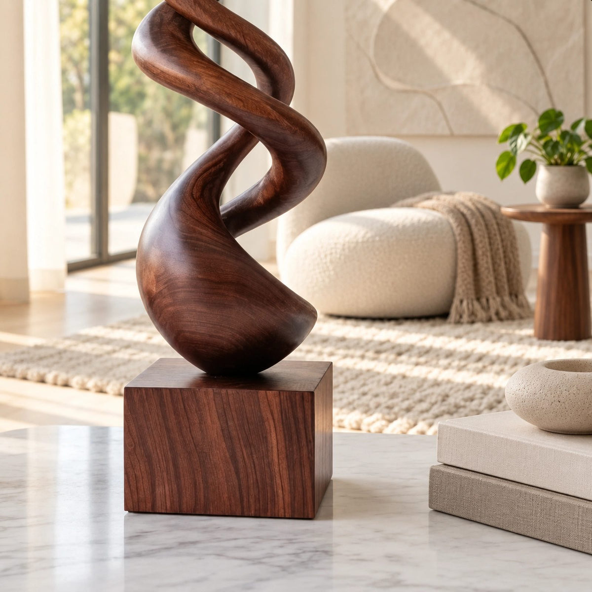 Modern Wood Sculpture With Double Helix Twist For Living Room