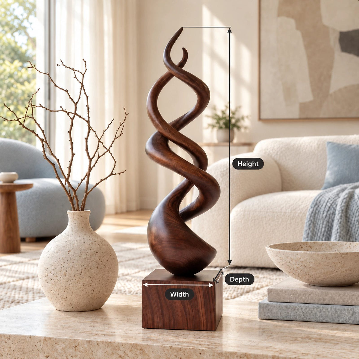 Modern Wood Sculpture With Double Helix Twist For Living Room
