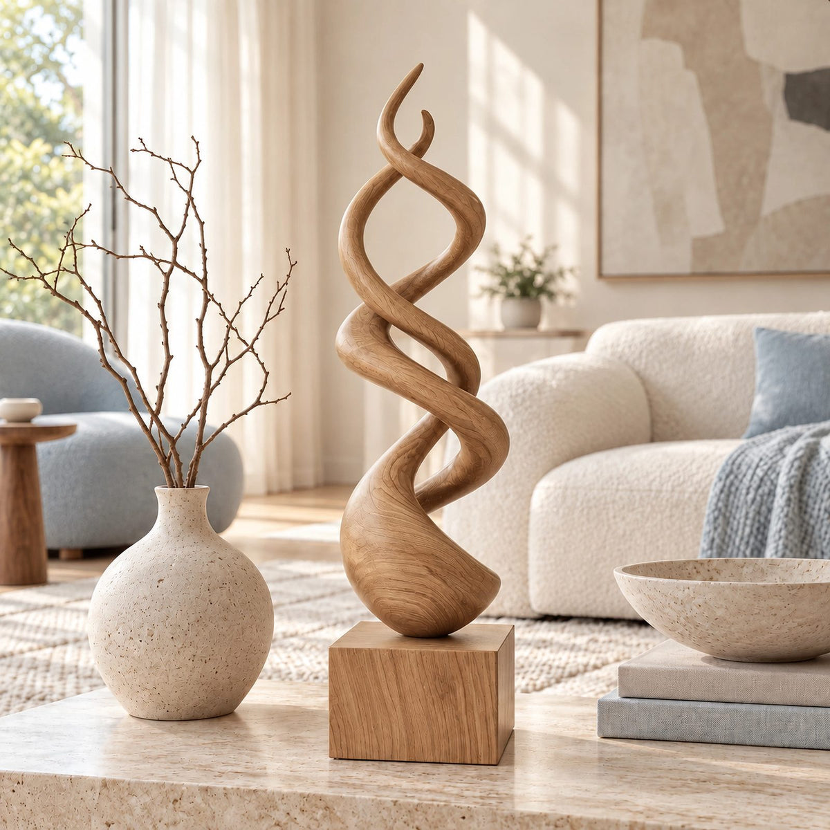 Modern Wood Sculpture With Double Helix Twist For Living Room