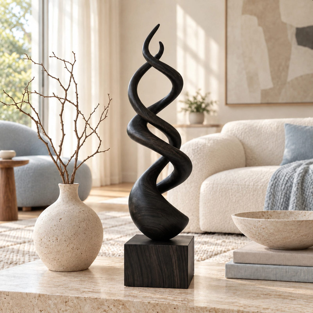 Modern Wood Sculpture With Double Helix Twist For Living Room
