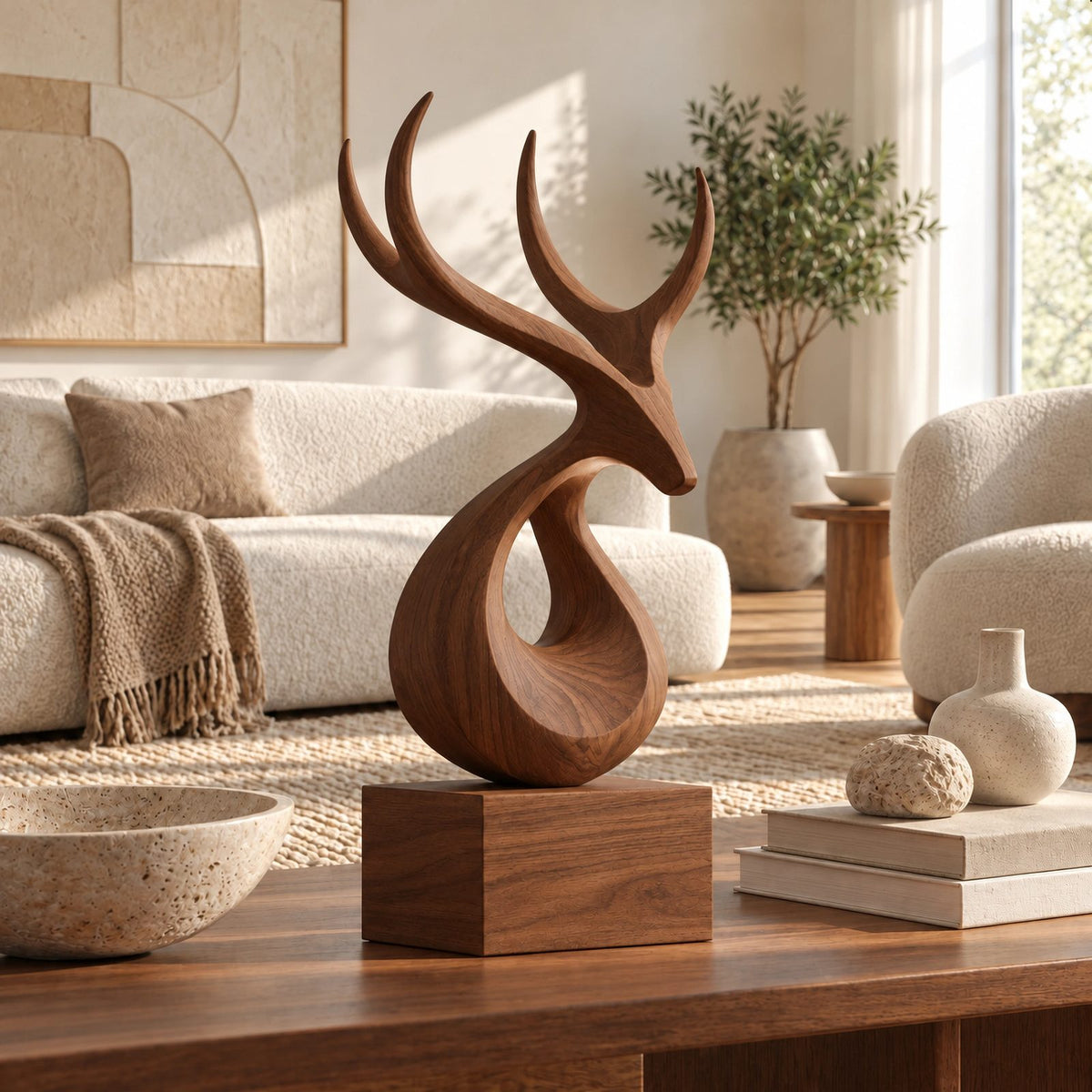 Organic Wood Sculpture With Branching Curved Form For Living Room
