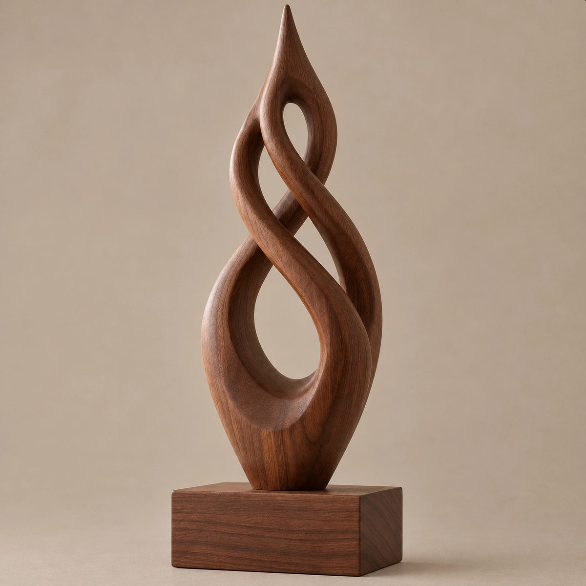 Handcrafted Wood Sculpture With Flame Tip Loop Twist For Entryway