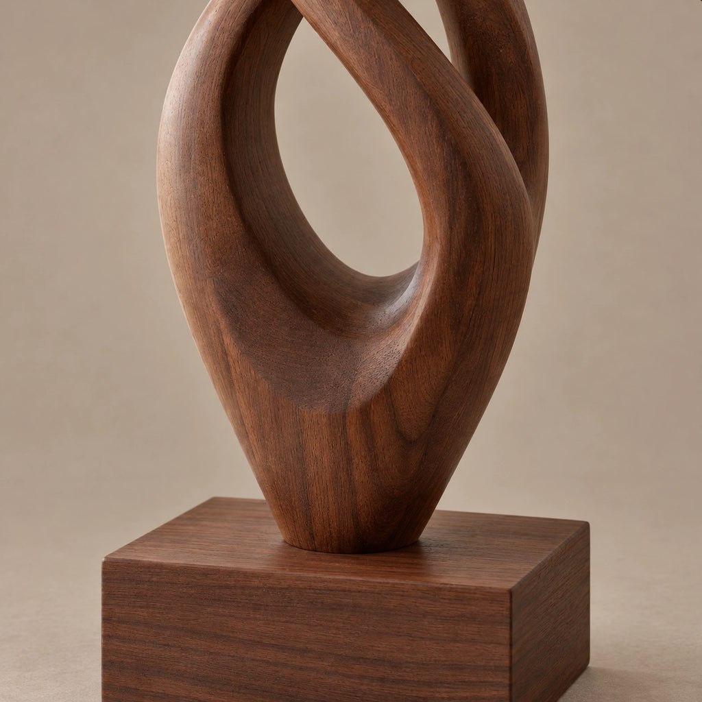 Handcrafted Wood Sculpture With Flame Tip Loop Twist For Entryway
