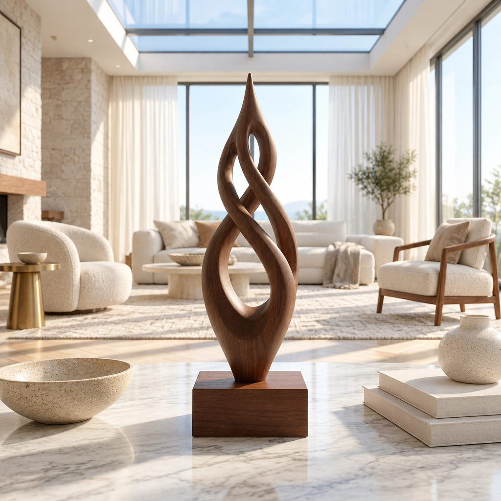 Handcrafted Wood Sculpture With Flame Tip Loop Twist For Entryway