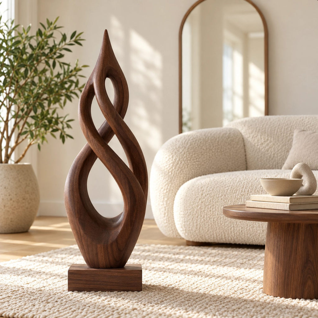Handcrafted Wood Sculpture With Flame Tip Loop Twist For Entryway