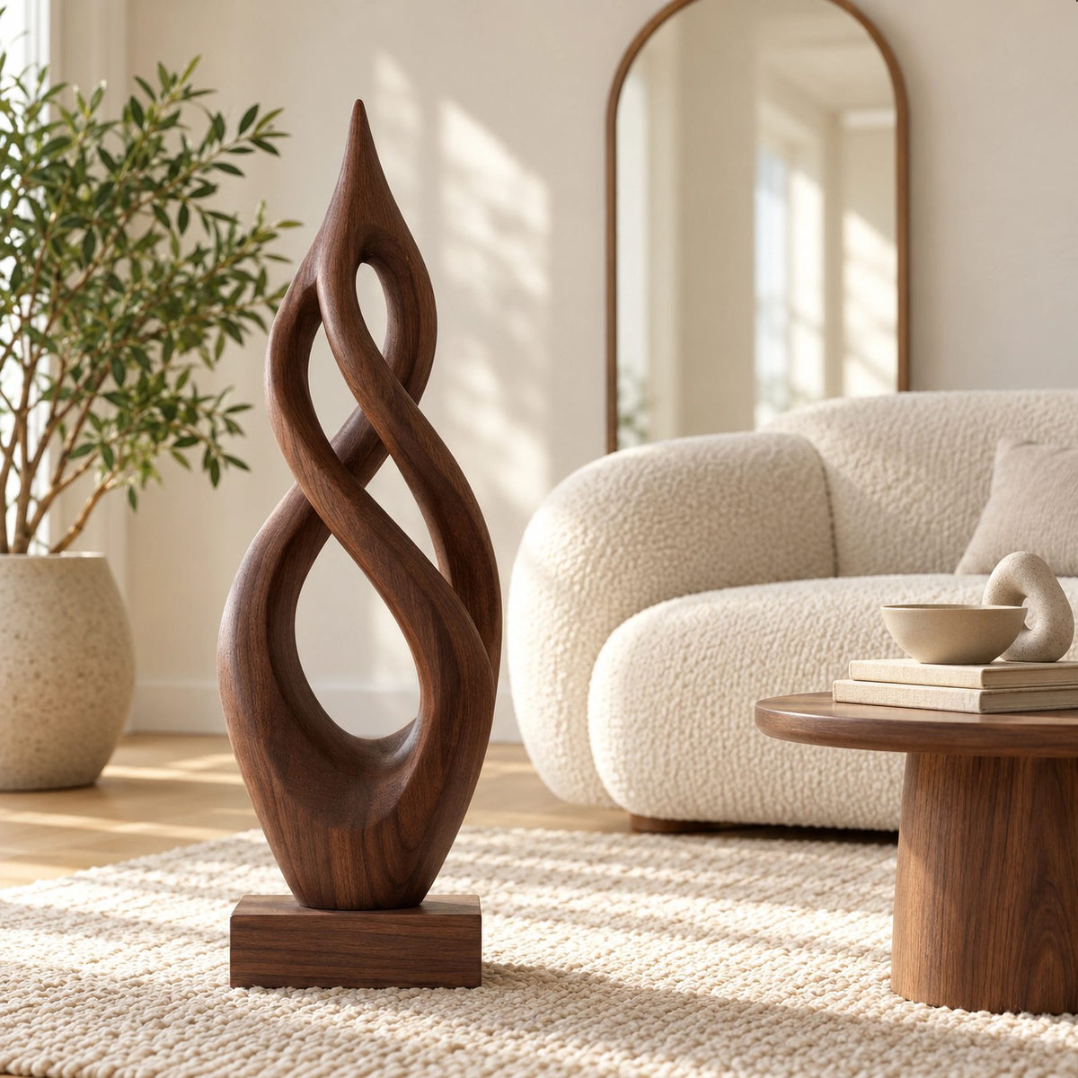 Handcrafted Wood Sculpture With Flame Tip Loop Twist For Entryway