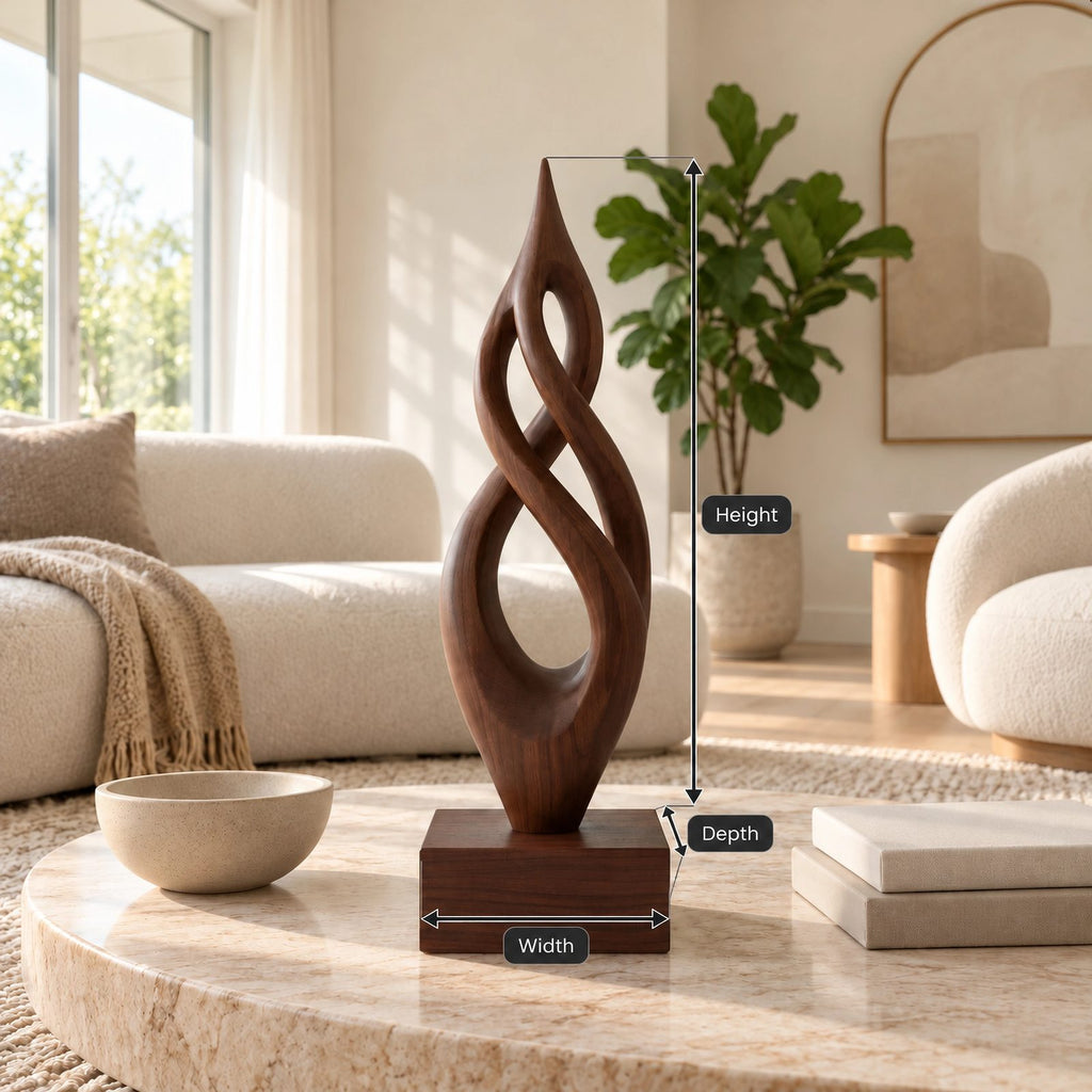 Handcrafted Wood Sculpture With Flame Tip Loop Twist For Entryway
