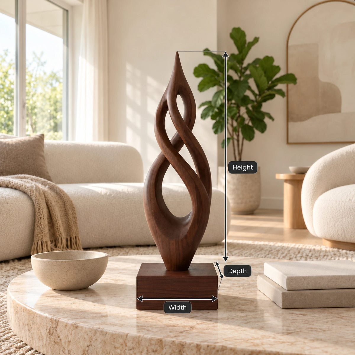 Handcrafted Wood Sculpture With Flame Tip Loop Twist For Entryway