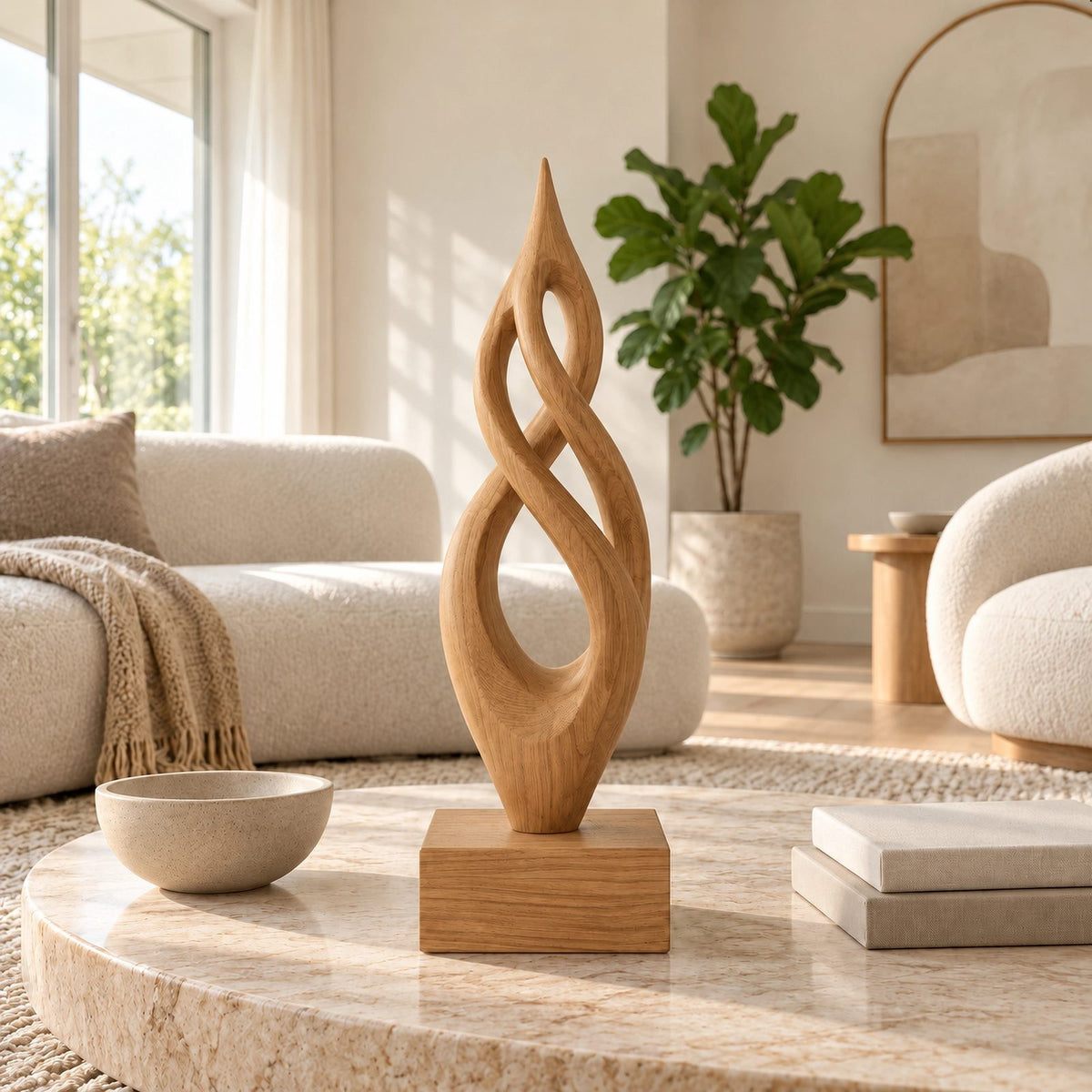 Handcrafted Wood Sculpture With Flame Tip Loop Twist For Entryway
