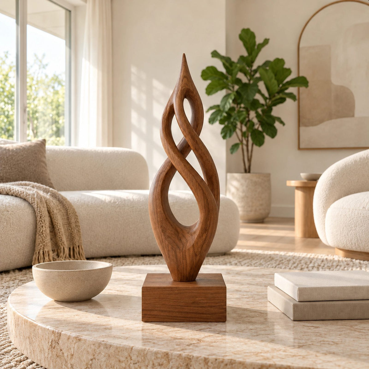 Handcrafted Wood Sculpture With Flame Tip Loop Twist For Entryway