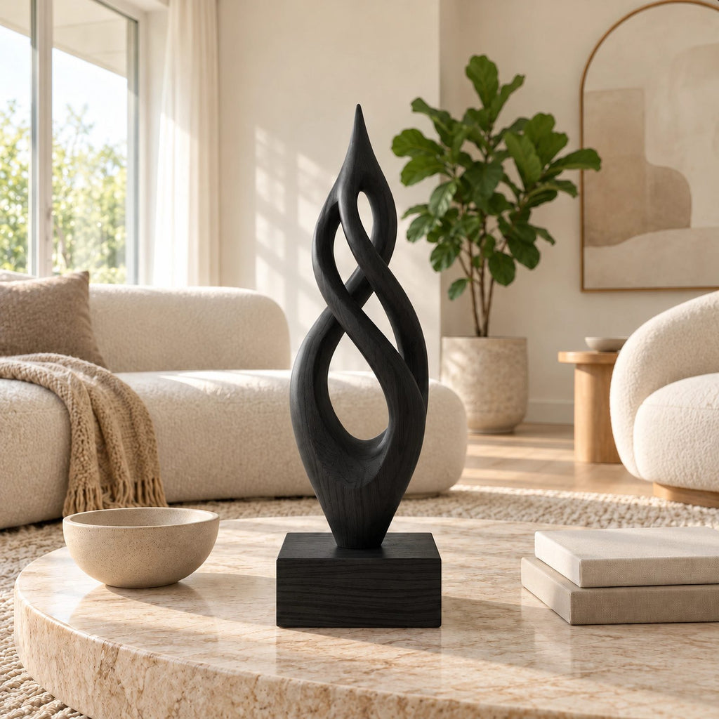 Handcrafted Wood Sculpture With Flame Tip Loop Twist For Entryway