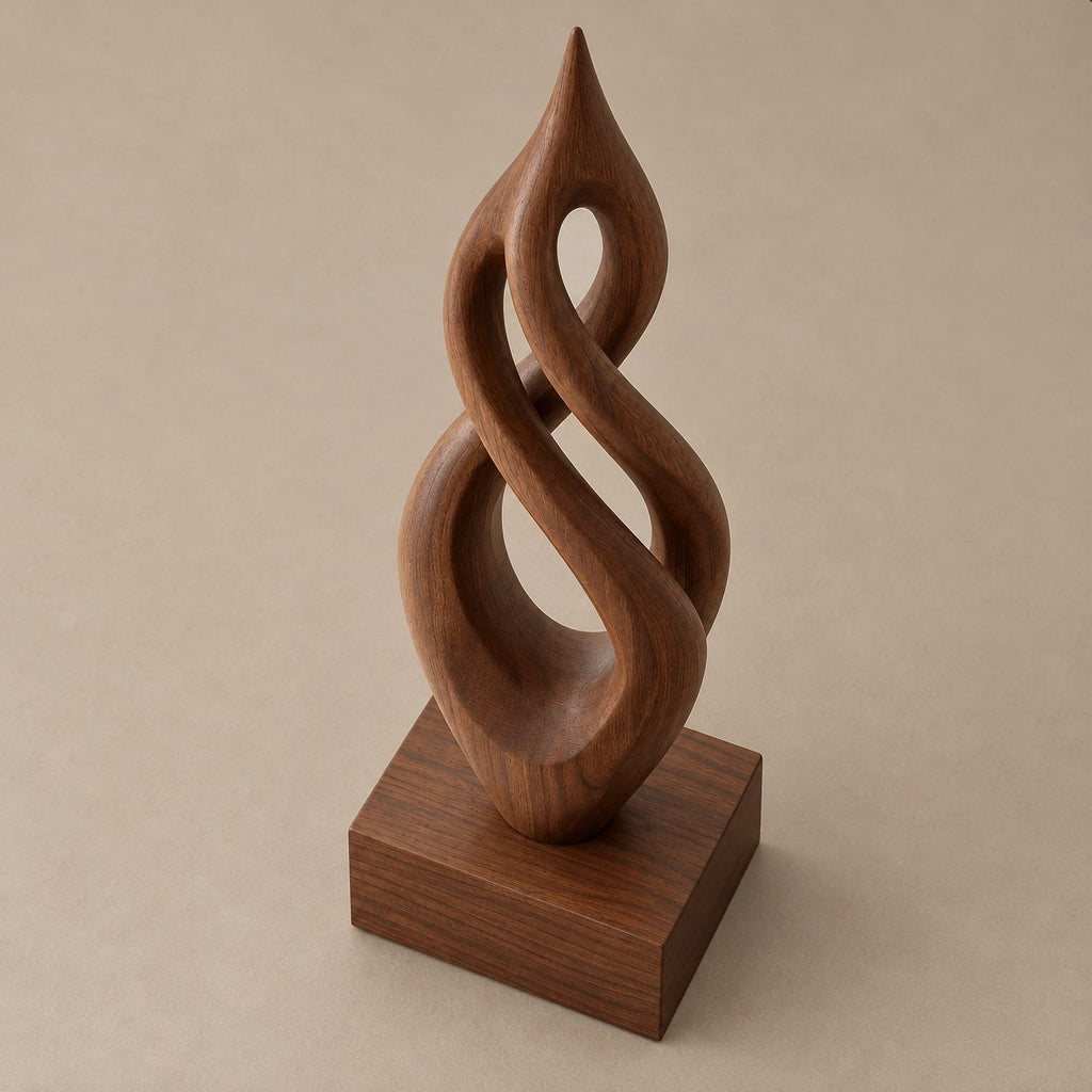 Handcrafted Wood Sculpture With Flame Tip Loop Twist For Entryway