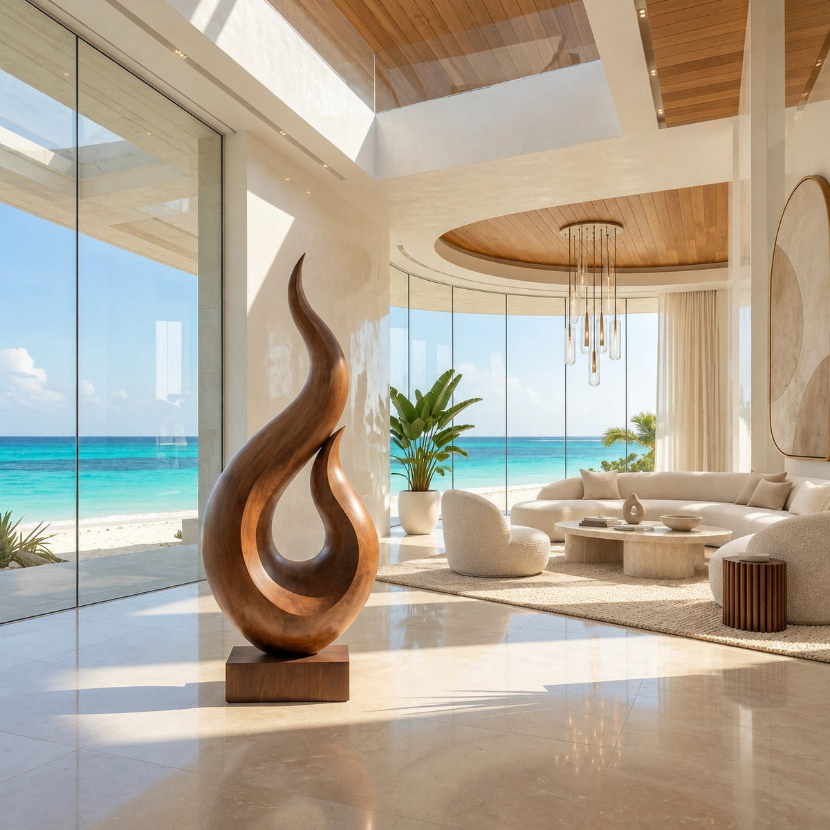 Coastal Wood Sculpture With Twin Flame Tendrils For Living Room