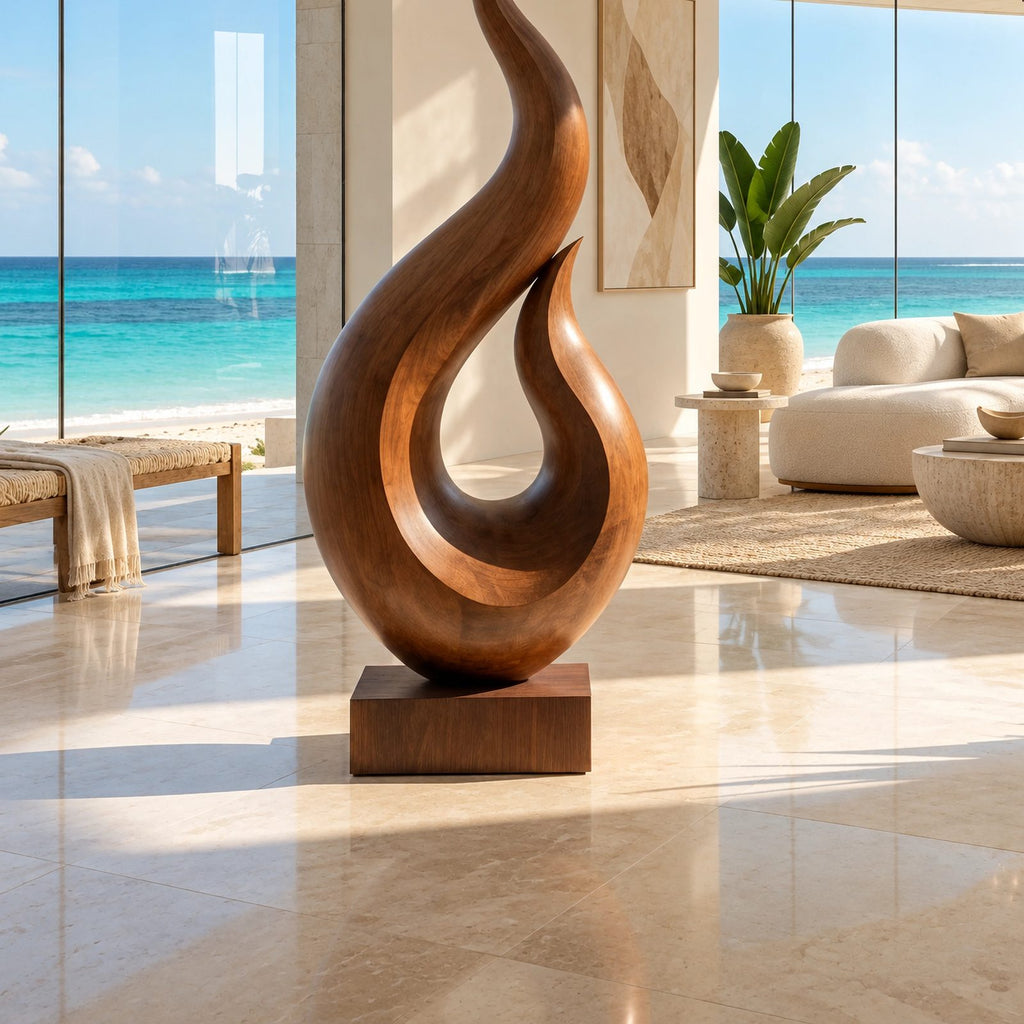 Coastal Wood Sculpture With Twin Flame Tendrils For Living Room