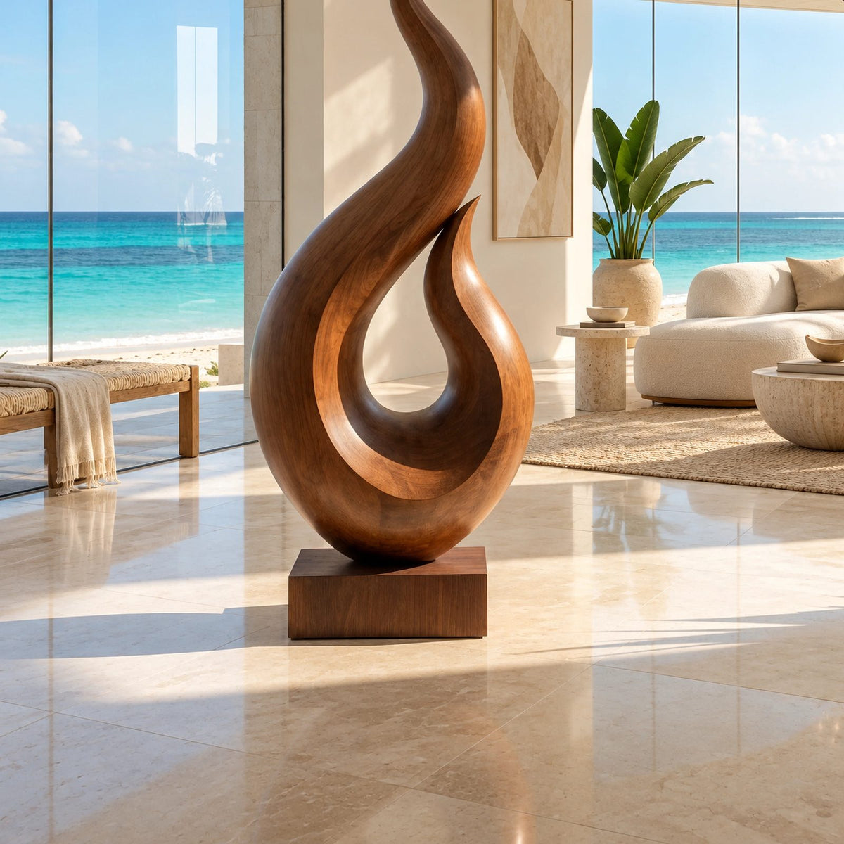 Coastal Wood Sculpture With Twin Flame Tendrils For Living Room
