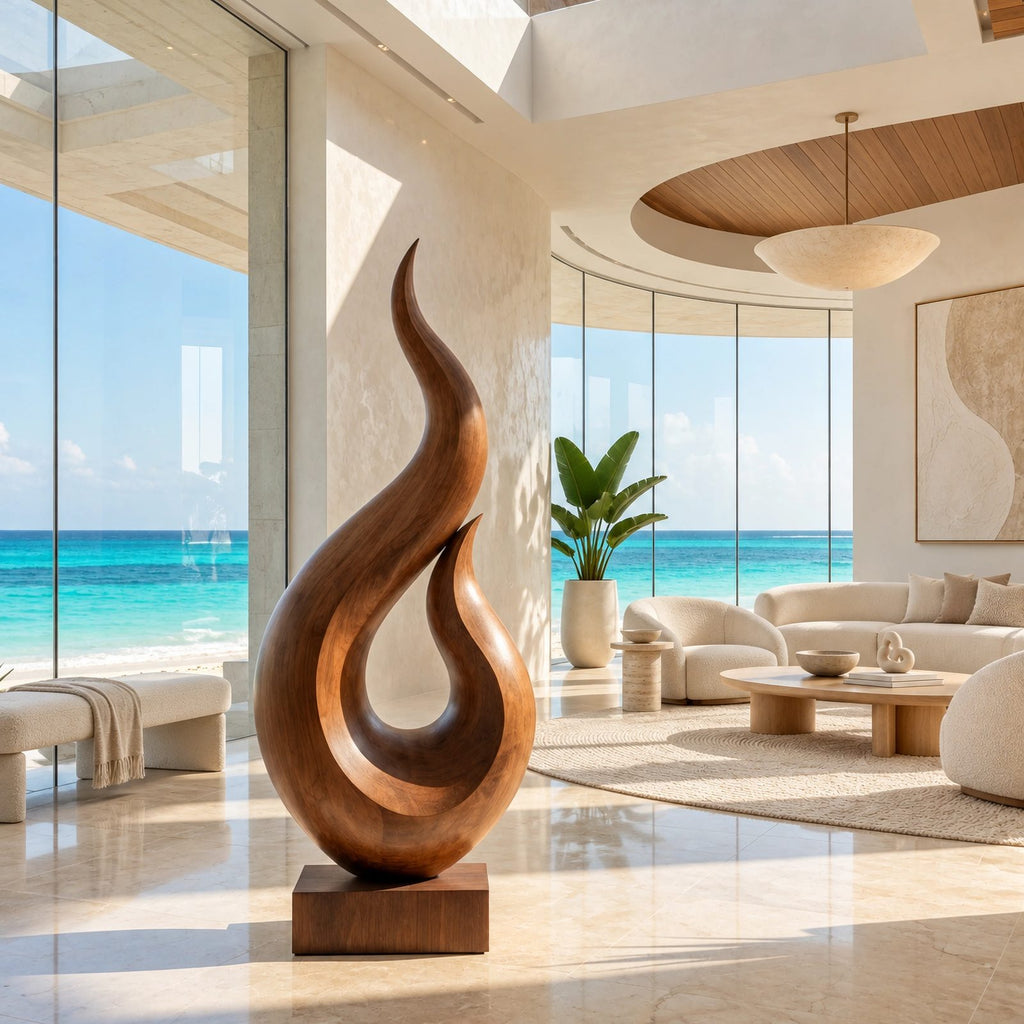 Coastal Wood Sculpture With Twin Flame Tendrils For Living Room