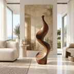 Minimalist Wood Sculpture With Tall Ribbon Spiral Form For Entryway