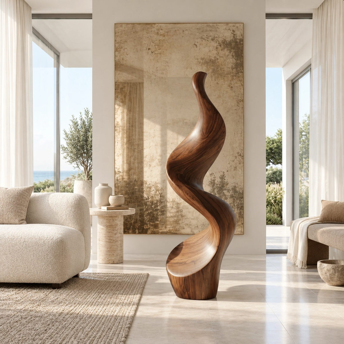 Minimalist Wood Sculpture With Tall Ribbon Spiral Form For Entryway