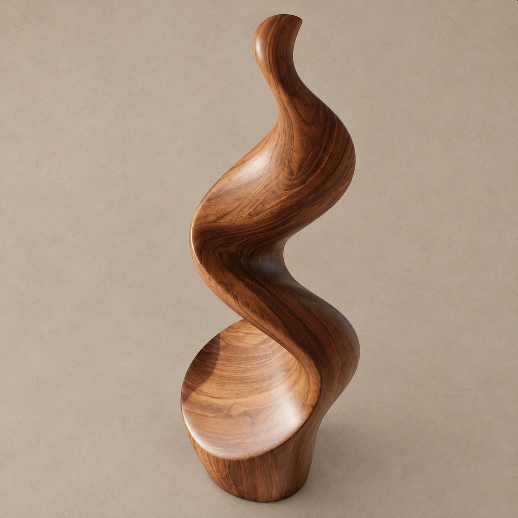 Minimalist Wood Sculpture With Tall Ribbon Spiral Form For Entryway
