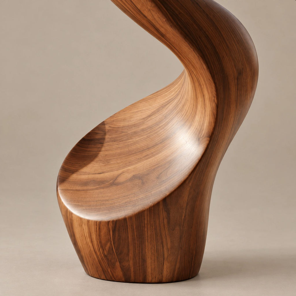 Minimalist Wood Sculpture With Tall Ribbon Spiral Form For Entryway