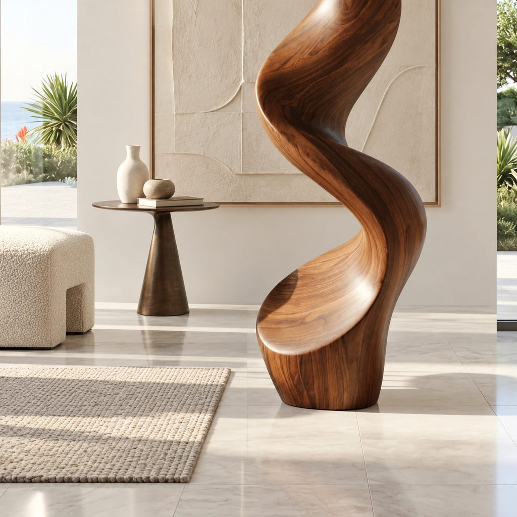 Minimalist Wood Sculpture With Tall Ribbon Spiral Form For Entryway