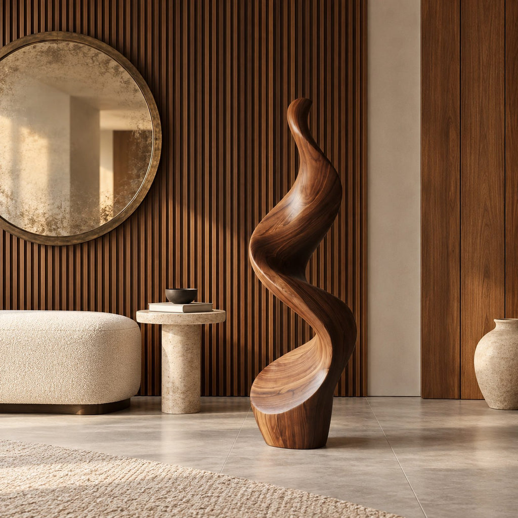 Minimalist Wood Sculpture With Tall Ribbon Spiral Form For Entryway