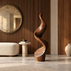Minimalist Wood Sculpture With Tall Ribbon Spiral Form For Entryway