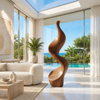 Minimalist Wood Sculpture With Tall Ribbon Spiral Form For Entryway