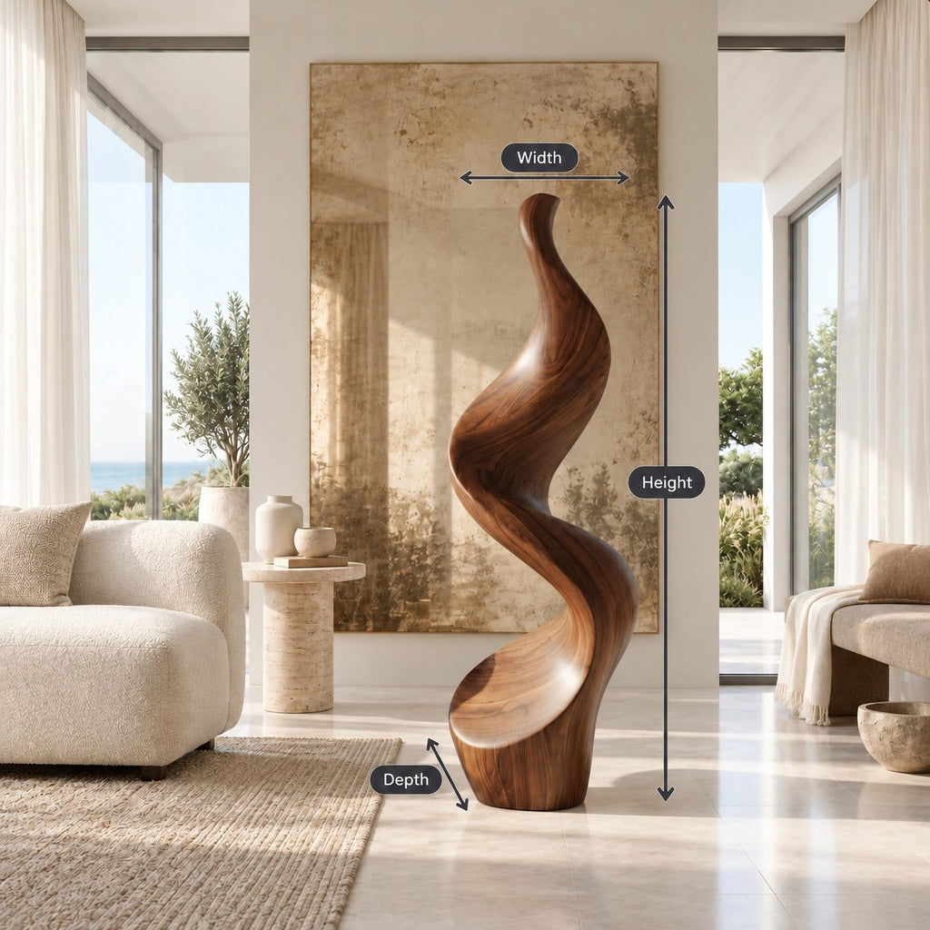 Minimalist Wood Sculpture With Tall Ribbon Spiral Form For Entryway