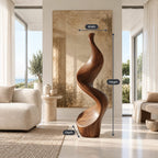Minimalist Wood Sculpture With Tall Ribbon Spiral Form For Entryway