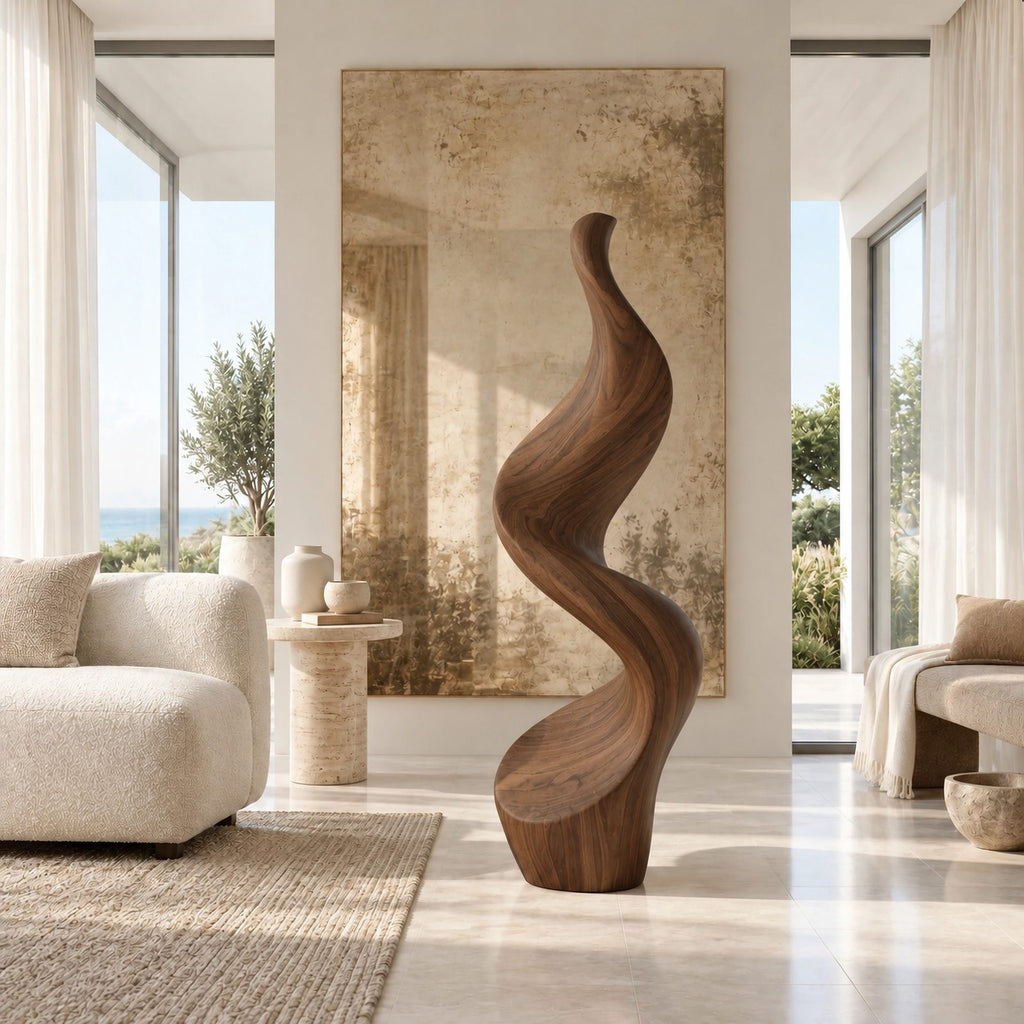 Minimalist Wood Sculpture With Tall Ribbon Spiral Form For Entryway