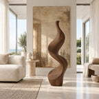 Minimalist Wood Sculpture With Tall Ribbon Spiral Form For Entryway