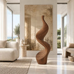 Minimalist Wood Sculpture With Tall Ribbon Spiral Form For Entryway