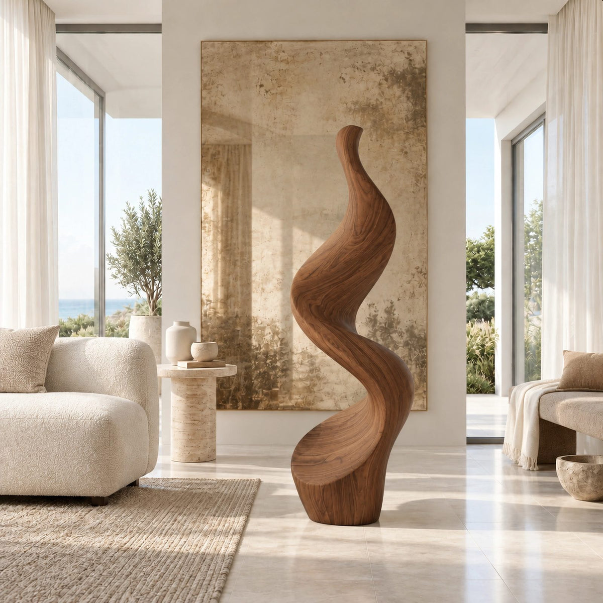 Minimalist Wood Sculpture With Tall Ribbon Spiral Form For Entryway