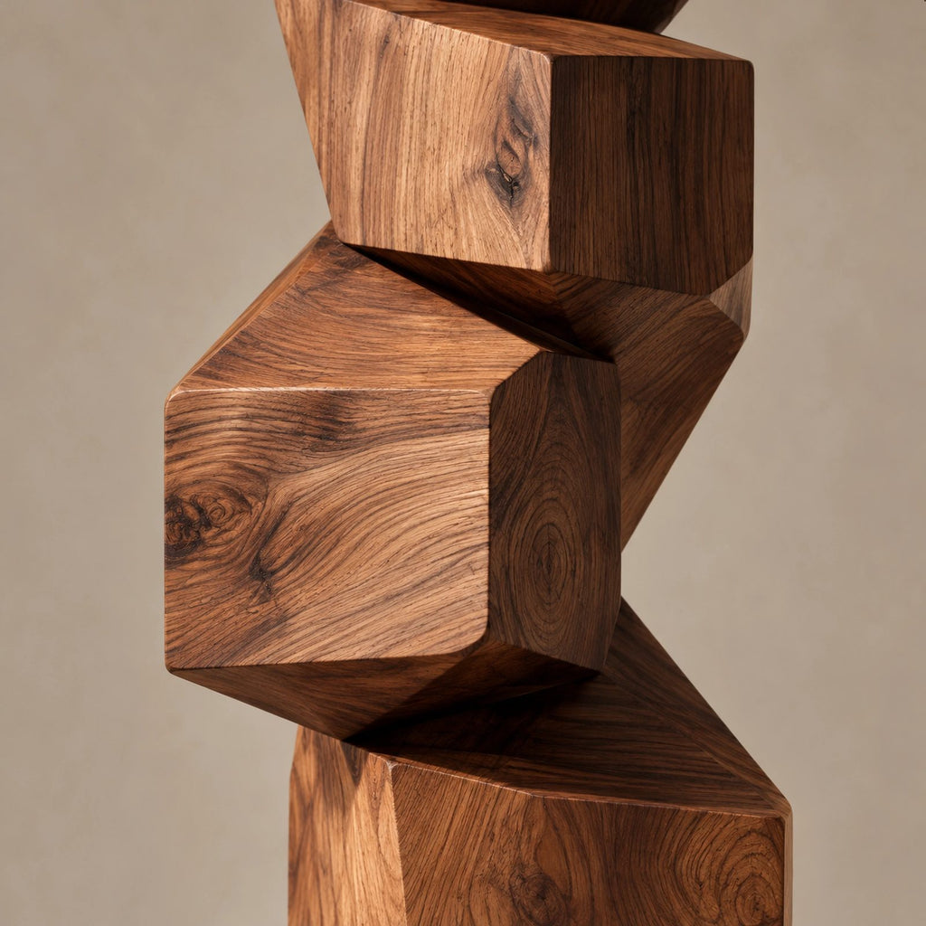 Rustic Wood Sculpture With Stacked Geometric Form For Living Room