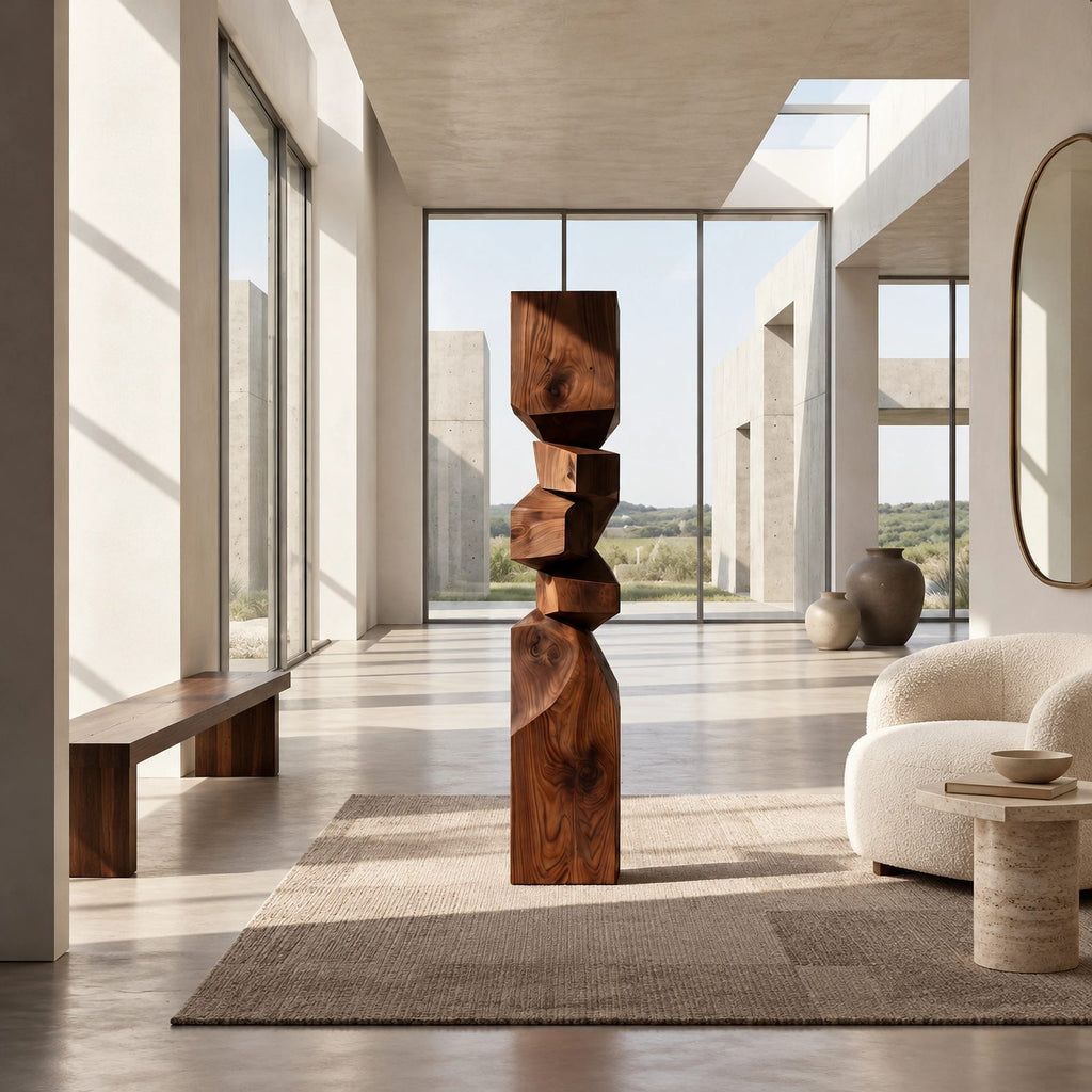 Rustic Wood Sculpture With Stacked Geometric Form For Living Room