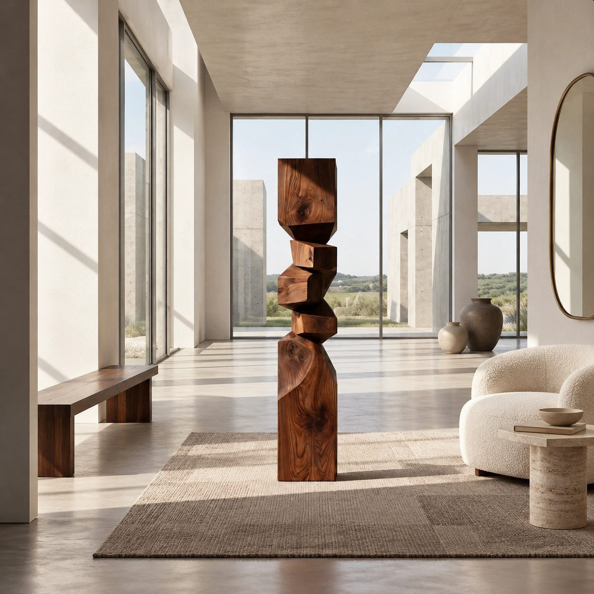 Rustic Wood Sculpture With Stacked Geometric Form For Living Room