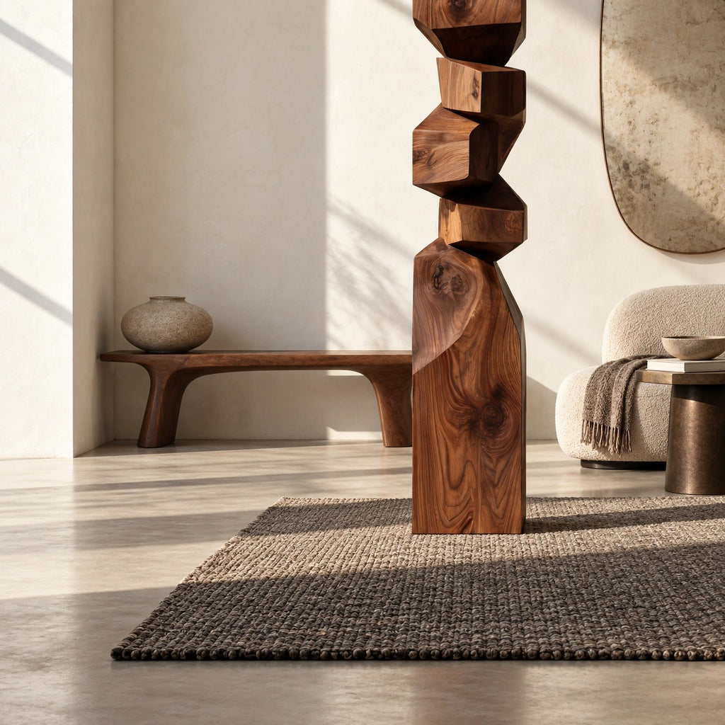 Rustic Wood Sculpture With Stacked Geometric Form For Living Room