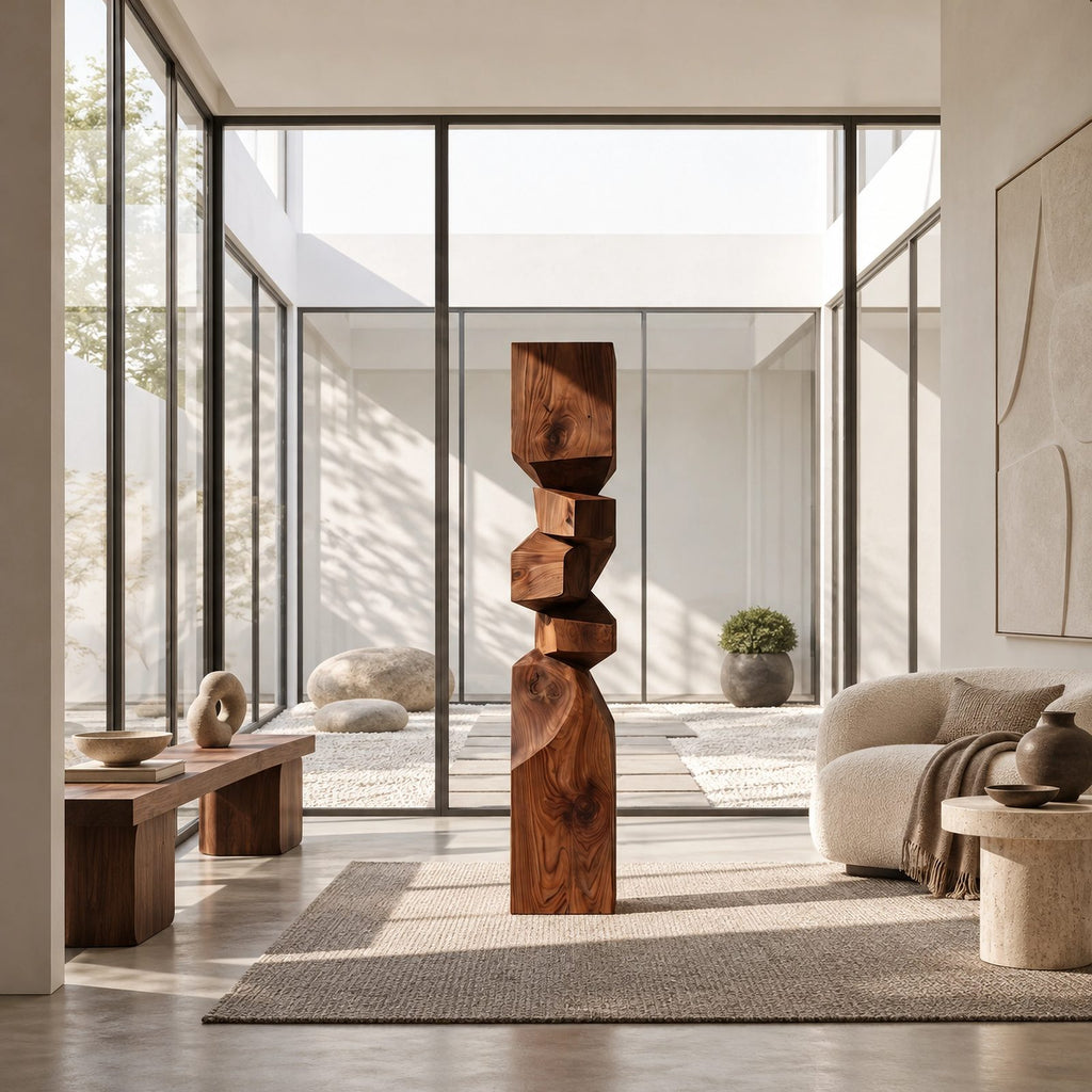 Rustic Wood Sculpture With Stacked Geometric Form For Living Room